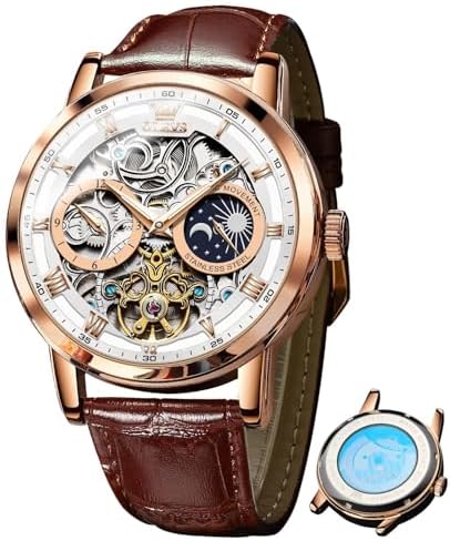OLEVS Skeleton Watches for Mens Automatic Mechanical Self Winding Tourbillon Leather Strap Luxury Dress Moon Phase Wrist Watches Waterproof Luminous|B0GXP8QS4V
