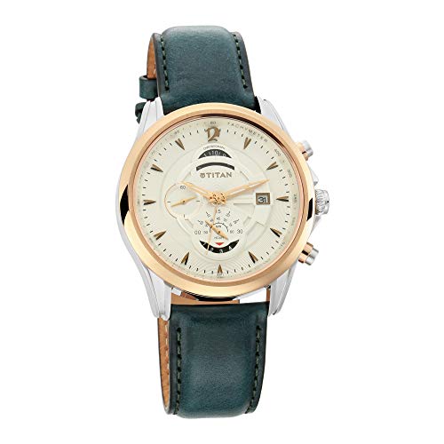 Titan Maritime Quartz Chronograph White Dial Green Leather Strap Chronograph Watch for Men - NT1830KL01|B07YPK5TZ5