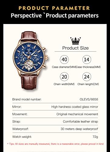 OLEVS Men Skeleton Watch Automatic Mechanical Dress Casual Brown Black Leather Moon Phase Luminous Waterproof Wrist Watches|B09M89HHBT