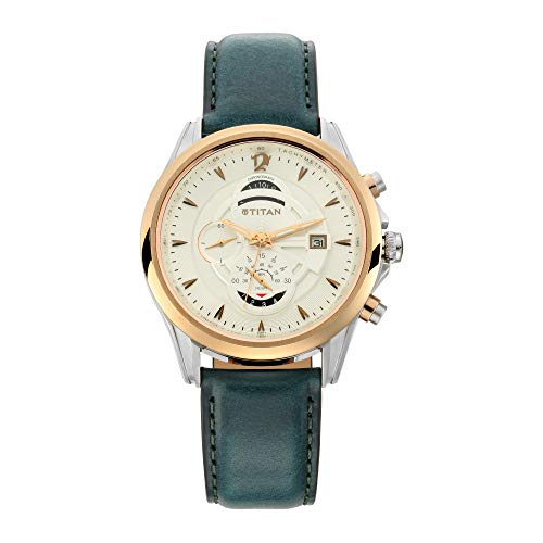 Titan Maritime Quartz Chronograph White Dial Green Leather Strap Chronograph Watch for Men - NT1830KL01|B07YPK5TZ5