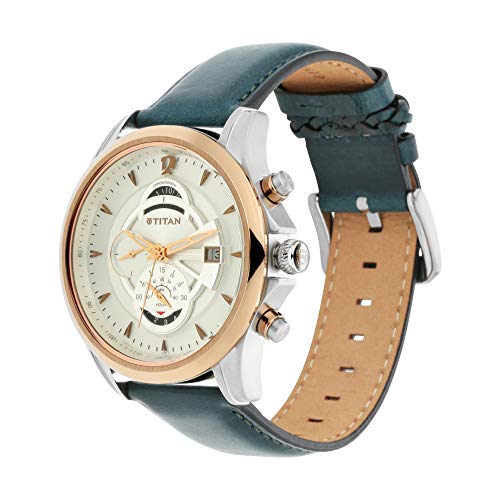 Titan Maritime Quartz Chronograph White Dial Green Leather Strap Chronograph Watch for Men - NT1830KL01|B07YPK5TZ5