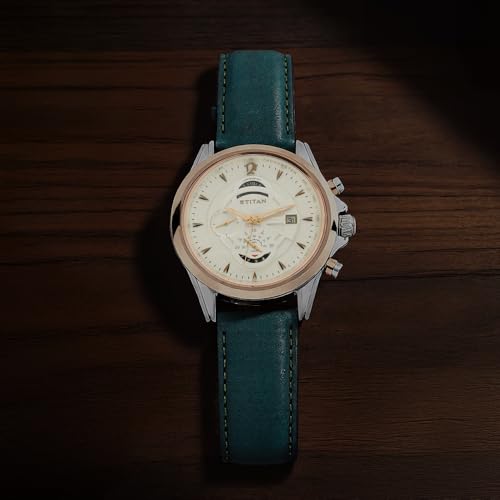 Titan Maritime Quartz Chronograph White Dial Green Leather Strap Chronograph Watch for Men - NT1830KL01|B07YPK5TZ5
