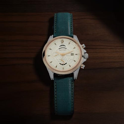 Titan Maritime Quartz Chronograph White Dial Green Leather Strap Chronograph Watch for Men - NT1830KL01|B07YPK5TZ5