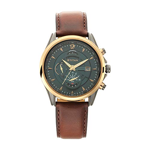 Titan Maritime Quartz Chronograph White Dial Green Leather Strap Chronograph Watch for Men - NT1830KL01|B07YPK5TZ5