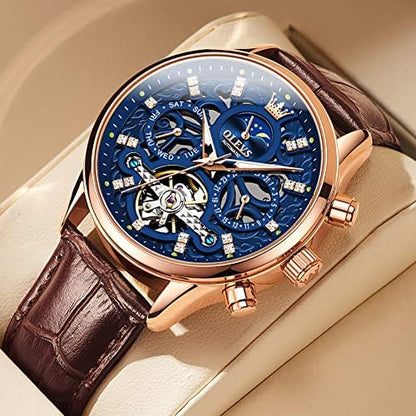 OLEVS Men Skeleton Watch Automatic Mechanical Dress Casual Brown Black Leather Moon Phase Luminous Waterproof Wrist Watches|B09M89HHBT
