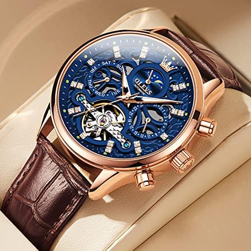 OLEVS Men Skeleton Watch Automatic Mechanical Dress Casual Brown Black Leather Moon Phase Luminous Waterproof Wrist Watches|B09M89HHBT