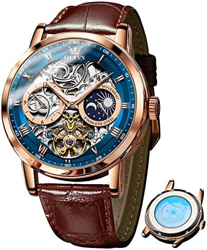 OLEVS Skeleton Watches for Mens Automatic Mechanical Self Winding Tourbillon Leather Strap Luxury Dress Moon Phase Wrist Watches Waterproof Luminous|B0GXP8QS4V