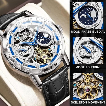 OLEVS Skeleton Watches for Mens Automatic Mechanical Self Winding Tourbillon Leather Strap Luxury Dress Moon Phase Wrist Watches Waterproof Luminous|B0GXP8QS4V