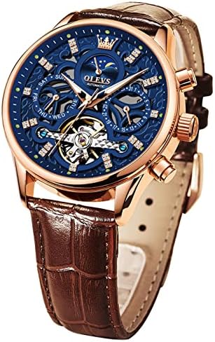 OLEVS Men Skeleton Watch Automatic Mechanical Dress Casual Brown Black Leather Moon Phase Luminous Waterproof Wrist Watches|B09M89HHBT
