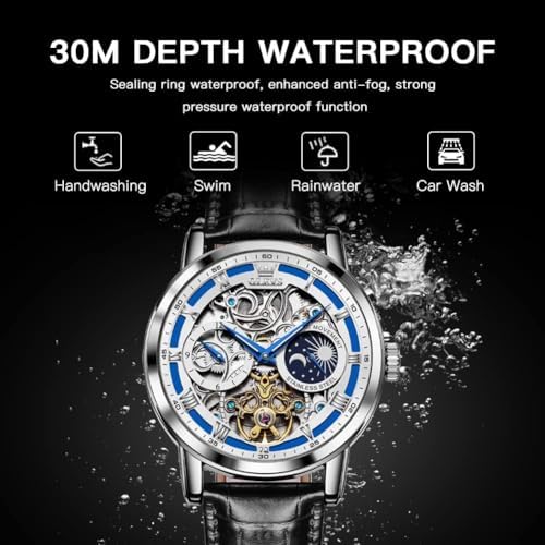 OLEVS Skeleton Watches for Mens Automatic Mechanical Self Winding Tourbillon Leather Strap Luxury Dress Moon Phase Wrist Watches Waterproof Luminous|B0GXP8QS4V