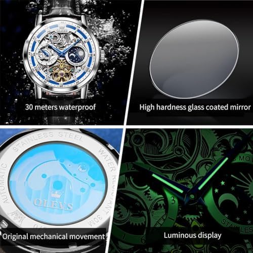 OLEVS Skeleton Watches for Mens Automatic Mechanical Self Winding Tourbillon Leather Strap Luxury Dress Moon Phase Wrist Watches Waterproof Luminous|B0GXP8QS4V