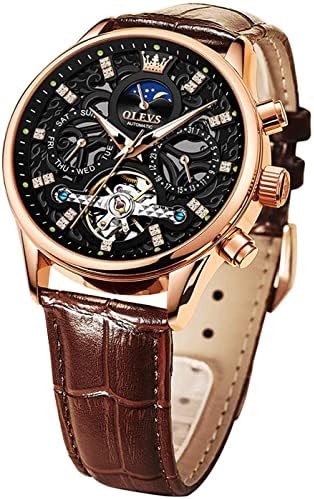 OLEVS Men Skeleton Watch Automatic Mechanical Dress Casual Brown Black Leather Moon Phase Luminous Waterproof Wrist Watches|B09M89HHBT