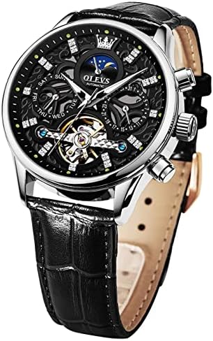 OLEVS Men Skeleton Watch Automatic Mechanical Dress Casual Brown Black Leather Moon Phase Luminous Waterproof Wrist Watches|B09M89HHBT