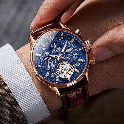 OLEVS Men Skeleton Watch Automatic Mechanical Dress Casual Brown Black Leather Moon Phase Luminous Waterproof Wrist Watches|B09M89HHBT