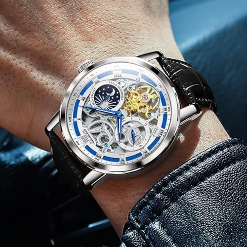 OLEVS Skeleton Watches for Mens Automatic Mechanical Self Winding Tourbillon Leather Strap Luxury Dress Moon Phase Wrist Watches Waterproof Luminous|B0GXP8QS4V