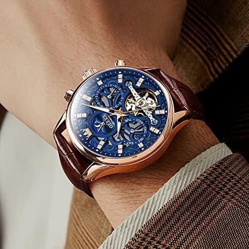 OLEVS Men Skeleton Watch Automatic Mechanical Dress Casual Brown Black Leather Moon Phase Luminous Waterproof Wrist Watches|B09M89HHBT
