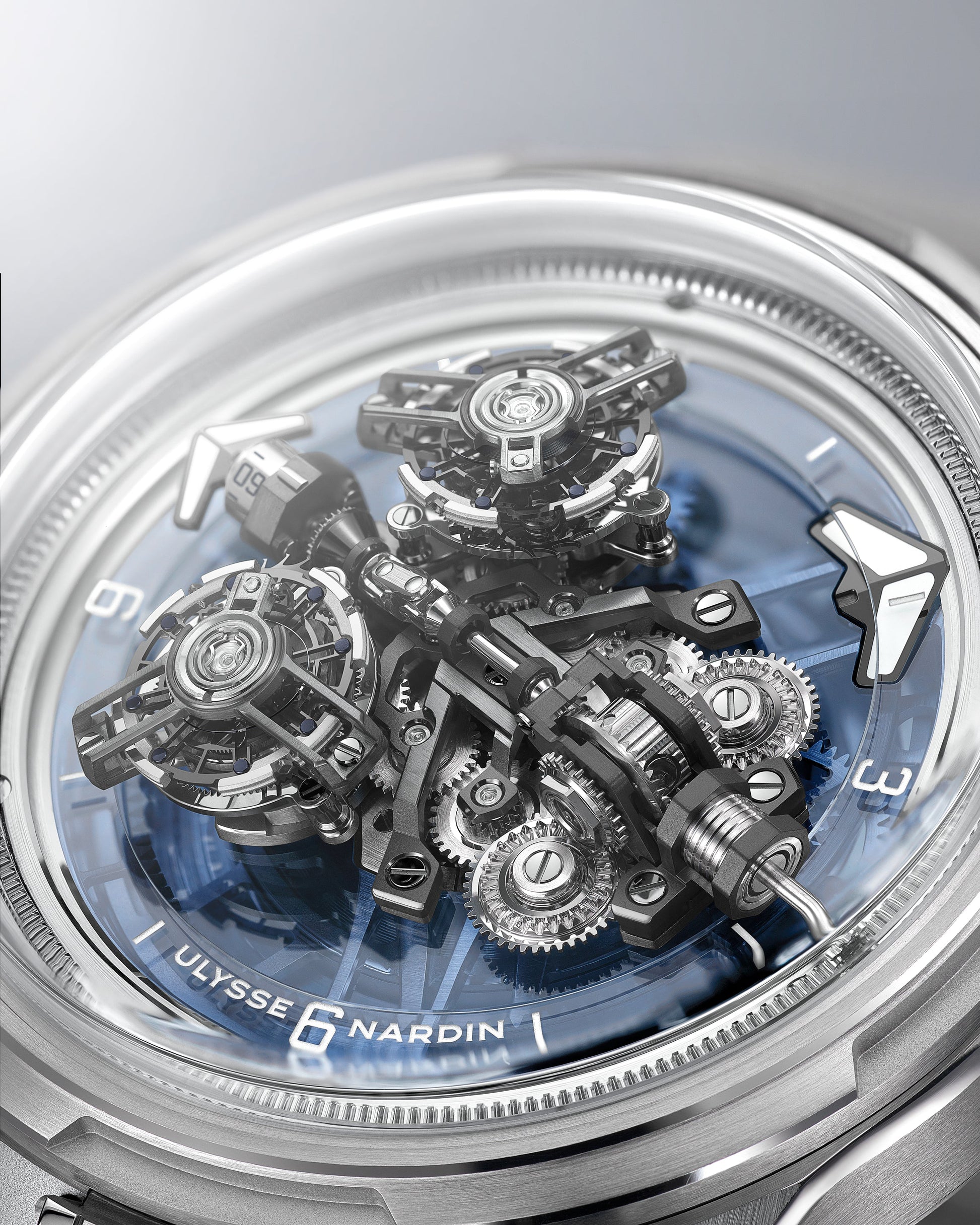Ulysse Nardin Super Freak 2520-500LE-3A-BLUE/3A dial close-up - 44mm blue skeletonised dial